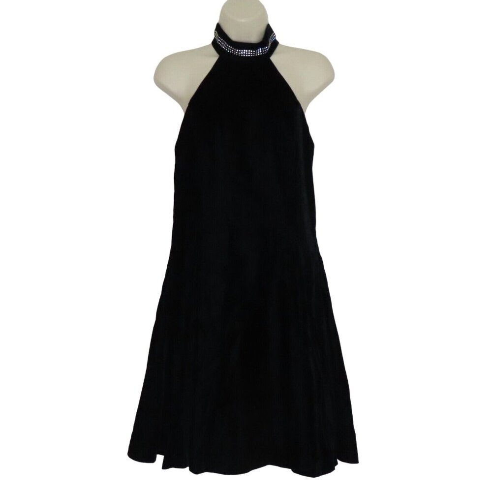 Vintage Hampton Nites Women 8 Black Velvet High Neck Rhinestone Collar 1990s NEW